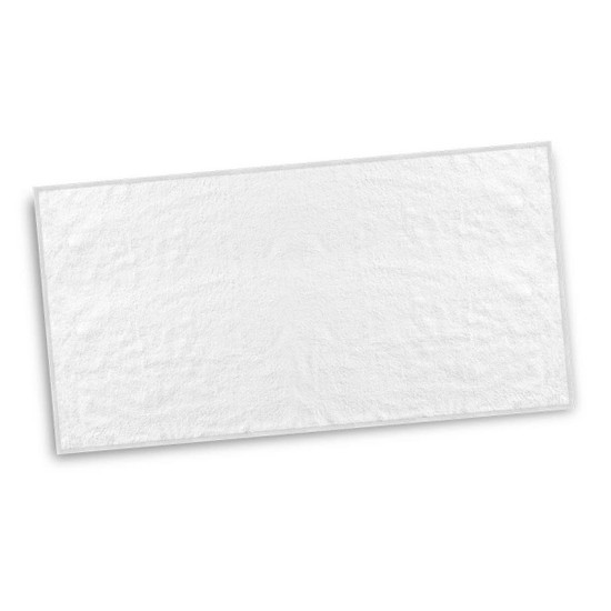 A full-size white beach towel with a textured surface, featuring a logo. Ideal for outdoor activities.