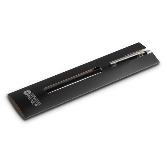 A metal pen in silver, presented in a sleek black packaging with a logo. Ideal for writing tasks.