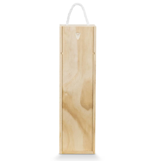A wooden gift box with a natural finish and a white rope handle, suitable for wine.