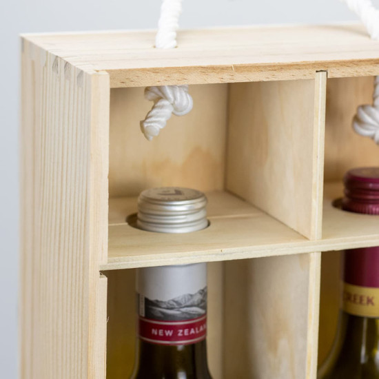 A wooden gift box featuring two wine bottles, with a natural finish and rope handles.