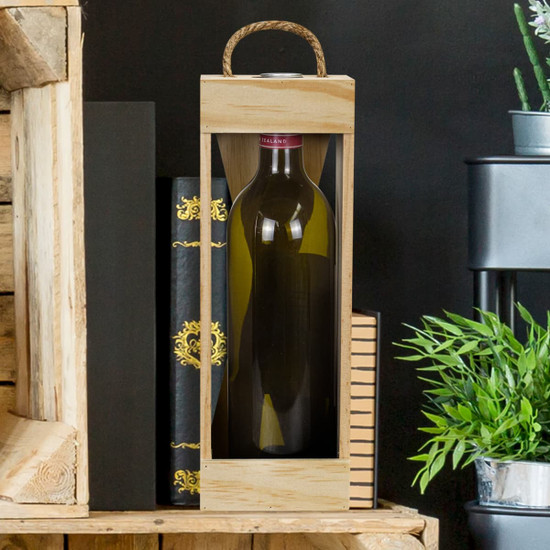 A wooden wine crate featuring a bottle of wine with a red cap, designed for single storage.