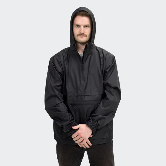 A black windbreaker jacket with a front pocket and hood, featuring a logo.