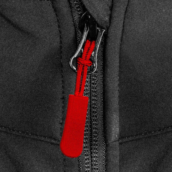 A black vest featuring a central zip with a red zip pull. The vest has a simple, streamlined design.