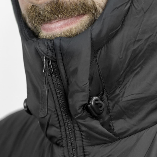 A close-up of a black puffer jacket featuring a high collar and zipper. The jacket has adjustable toggles at the neck.