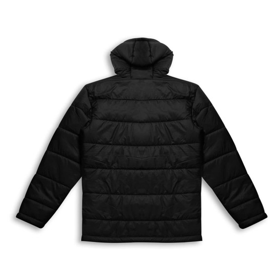 A black puffer jacket with a hood, featuring a quilted design and long sleeves. It has a logo on the back.
