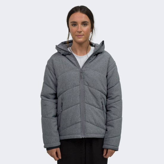 A grey puffer jacket with a zip front and hood, featuring a quilted design, worn by a model.