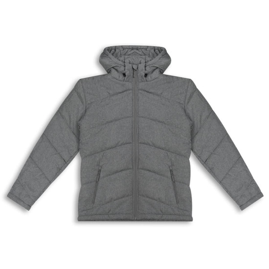 A grey puffer jacket with a hood, featuring a front zip and two side pockets. Includes a branding logo.