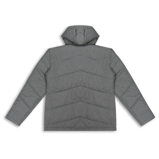 A grey women's puffer jacket with a hood and quilted design, featuring long sleeves and a logo.