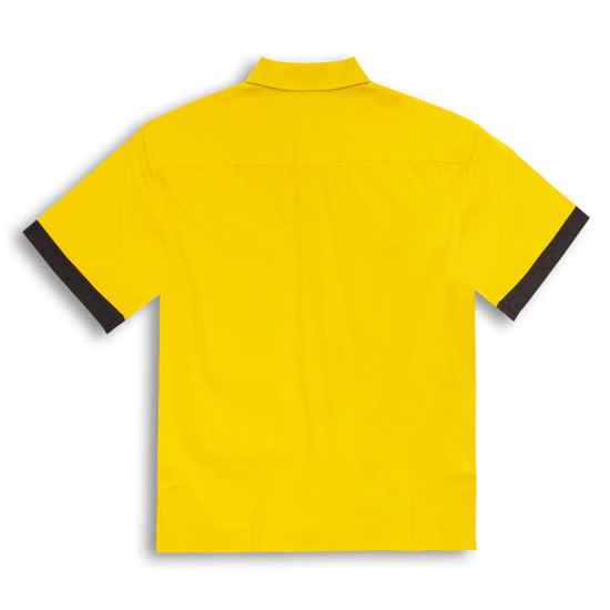 A vibrant yellow button-up shirt with black accents on the sleeves. The back view is prominently displayed.