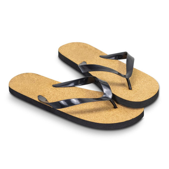 Black flip flops with a cork footbed and black straps, featuring a logo on one strap.
