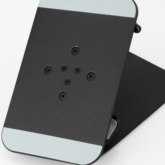 A black and mint Ferris Metal Phone and Tablet Stand with a sleek design and adjustable angles. Features a logo.