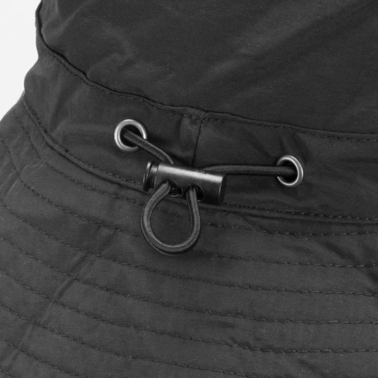 A black packable bucket hat featuring a cinchable drawstring and metal eyelets for adjustable fit.