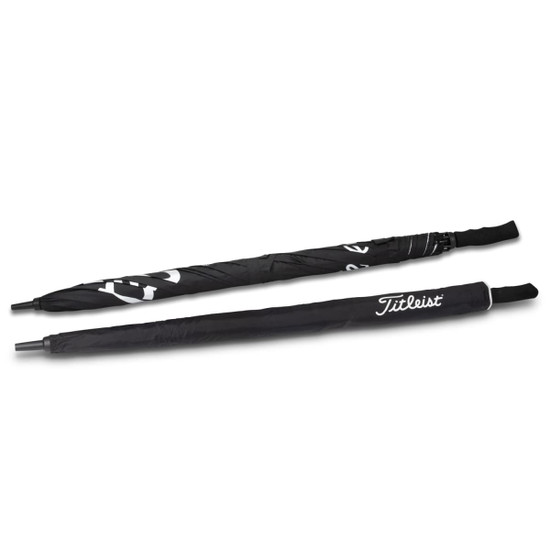 A black double canopy golf umbrella with a branded handle, featuring a sleek design and a prominent logo.