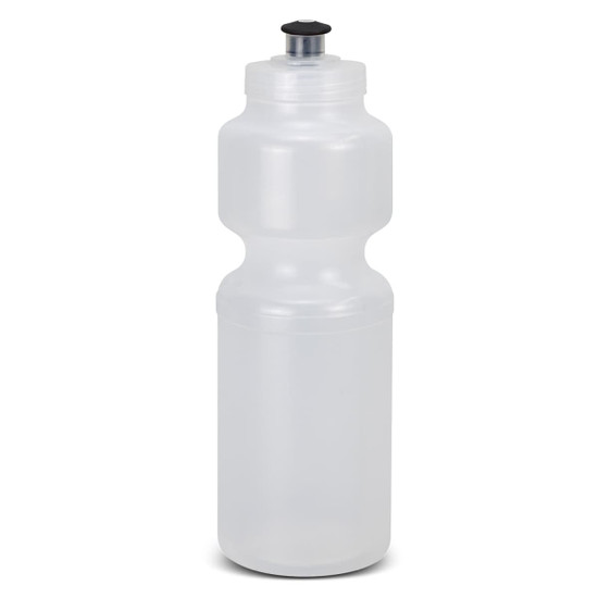 A drink bottle in clear plastic with a black nozzle cap and an ergonomic shape for comfortable handling.