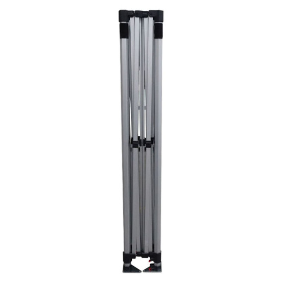 A silver, collapsible frame for a 3x3 marquee, showcasing its compact design when folded.