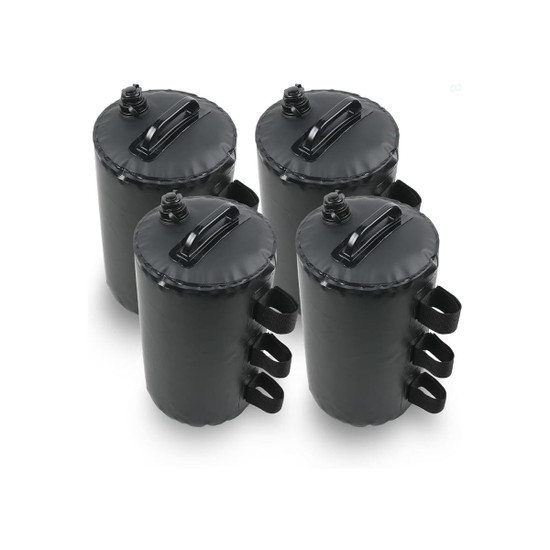 A set of four black weight bags with handles and screw-top openings, designed for stability during events.
