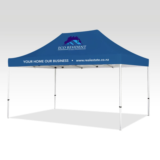 A blue marquee tent with a peaked roof, featuring a logo and text on the front.