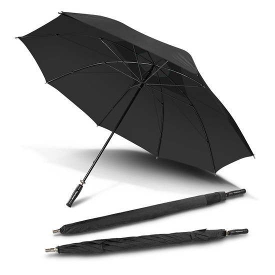 A black Hurricane Sport Umbrella opened and closed, showcasing its sleek design and branding.