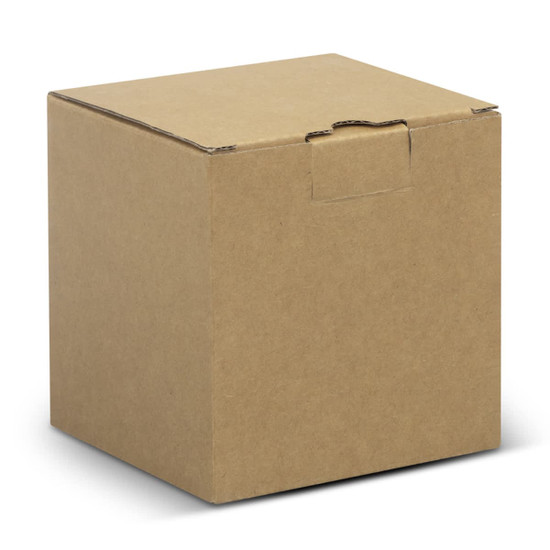 A large round storage canister in a plain cardboard box, featuring a simple, unmarked design.