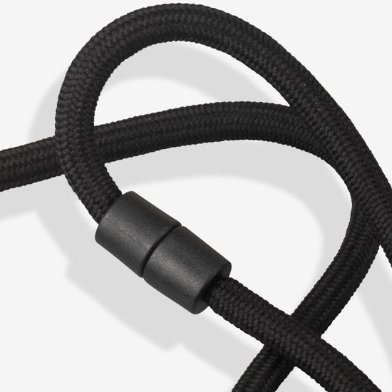 A black lanyard with a smooth, adjustable connector, featuring a textured, woven design.