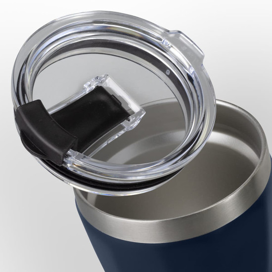 A drink bottle featuring a navy exterior and a clear lid, showcasing the inner stainless steel design.