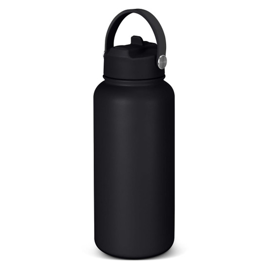 A drink bottle in matte black, featuring a handle and a sealed cap, with a logo on the front.