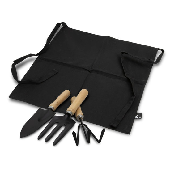 A black gardening apron with three tools: a trowel, a cultivator, and a hand rake, all with wooden handles.
