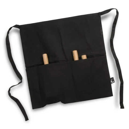 A black gardening apron with wooden-handled tools visible in the pockets, featuring a logo.