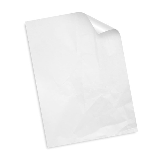 White tissue paper with a slightly crumpled texture, featuring a curled edge at the top. It has a branding logo.