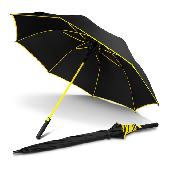 A black umbrella with yellow accents, featuring a collapsible design and a logo on the handle.