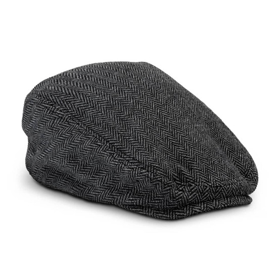 A grey herringbone-patterned flat cap with a rounded shape, featuring a subtle branding logo.