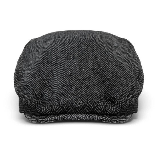A grey herringbone-patterned flat cap with a rounded top and a small visor. Features a logo on the side.