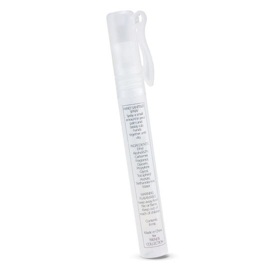 A hand sanitiser stick in a clear container with a white cap, featuring an ingredient list on the side.