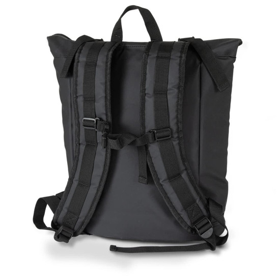 A black cooler toting bag featuring adjustable shoulder straps and a sleek design, complemented by a logo.