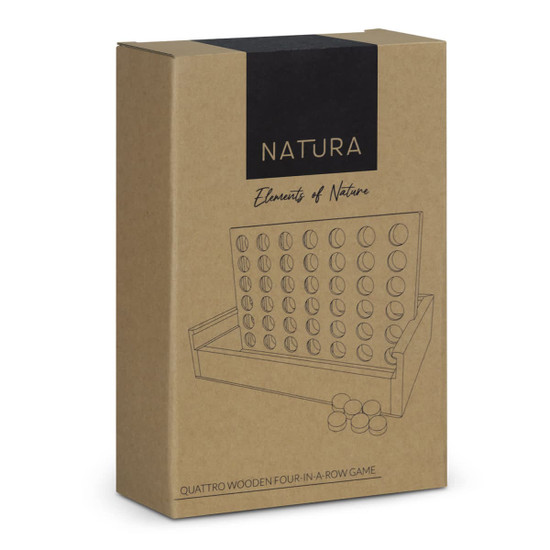 A boxed wooden four-in-a-row game, featuring natural tones, with round pieces and a branding logo.