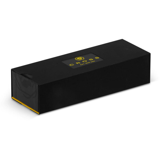 A black rectangular box with a yellow interior, featuring a logo on the top.
