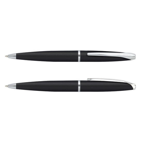 A sleek black Cross ATX ballpoint pen, featuring a silver clip and accents, displayed from two angles.