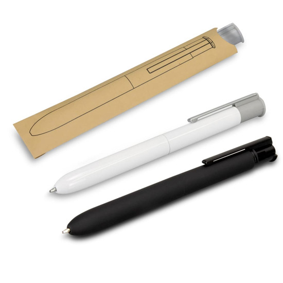 A set of three metal pens in grey, white, and black, displayed with packaging that features a pen outline.