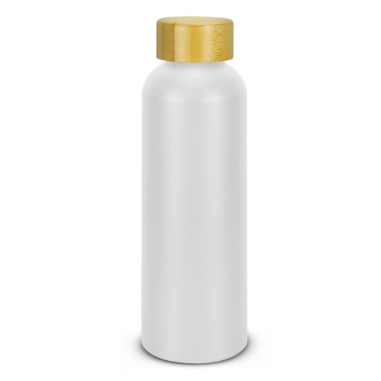A drink bottle in white with a wooden lid, featuring a logo on the side.