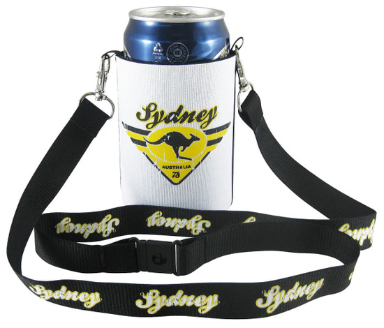 A foldable can cooler in white with a black lanyard featuring a logo. It holds a blue can inside.