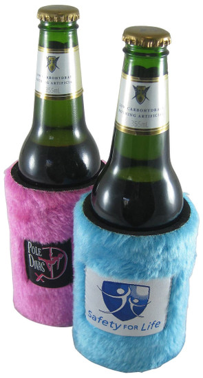 Two fluffy drink coolers, one in pink and one in blue, both holding 355ml bottles, featuring different logos.