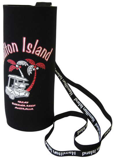 A black water bottle cooler with a lanyard, featuring a decorative design and a logo.