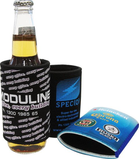 A drink bottle in a black, branded can cooler, alongside a blue and a grey can cooler with logos.