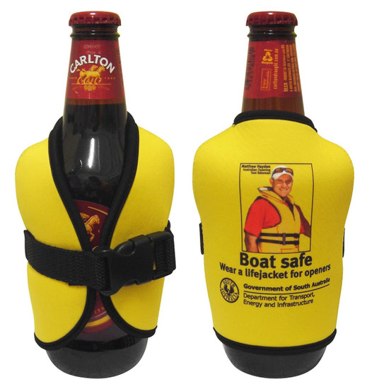 A drink bottle holder in bright yellow neoprene with a black strap and a logo featuring safety messaging on the side.