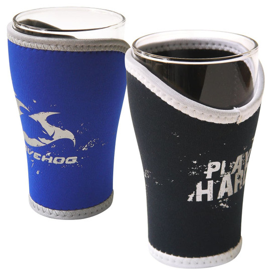 A schooner glass holder featuring blue and black neoprene designs with decorative stitching and a branding logo.