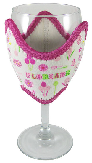 A small wine glass holder with a vibrant floral design in pink and white, featuring a logo on the side.