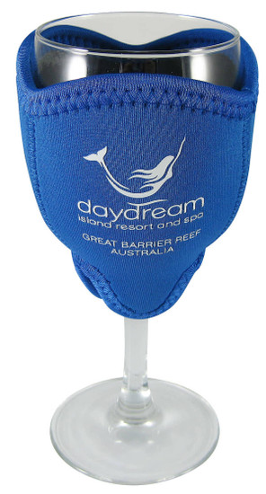 A large blue wine glass holder with a logo, designed to fit over a wine glass.