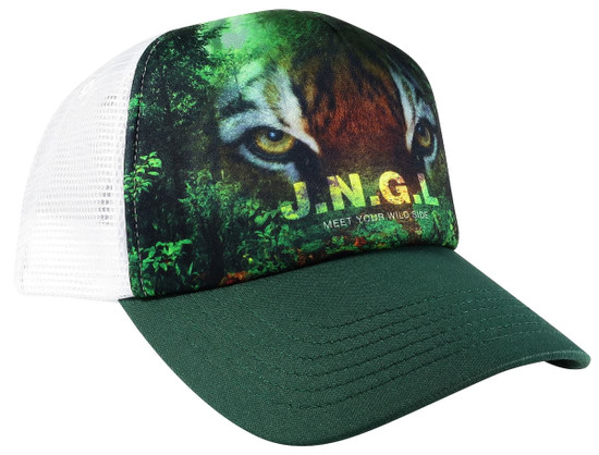 A Foam Front Truckers Cap featuring a green visor and a vibrant tiger design on a white mesh back.