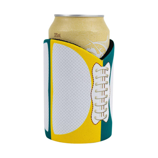 A drink bottle cooler with a football design in green, yellow, and white, featuring a logo.
