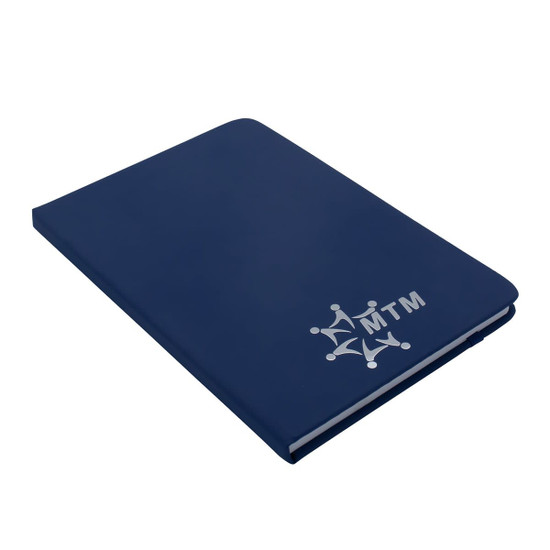 A navy A5 notebook with a logo on the front, showcasing a sleek and modern design.